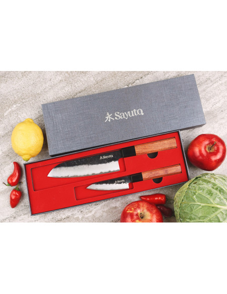 Knivsett med 2 Sayuto Sequoia San Mai Santoku + Paringsknivkniver