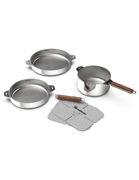 Cookut La Merveilleuse trio of mirror-finish stainless steel frying pans and saucepans