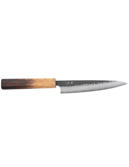 Håndlavet japansk Yuzo Black AS-universalkniv, 15 cm, i brændt egetræ