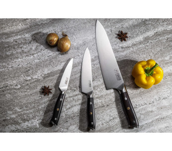 Knivsett med 3 Fukito Ebony X50 kokkekniver + universalkniver + paringskniver 2