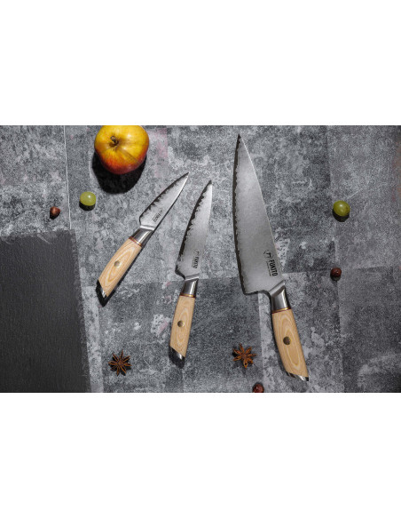 Coffret 3 couteaux Fukito Pakka San Mai Chef + Universel + Office