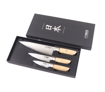 Conjunto de 3 facas Fukito Pakka San Mai Chef + Utilitária + Legumes