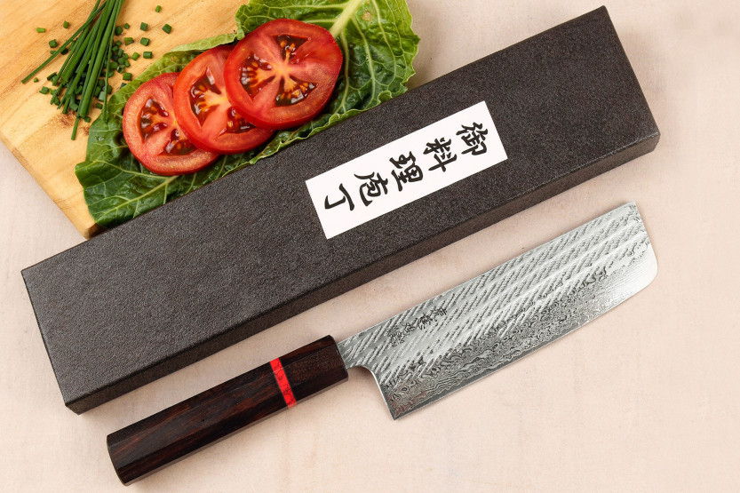 Handgefertigtes japanisches Nakiri-Messer, 16,5 cm, Wusaki Nawame, AUS10-Damast