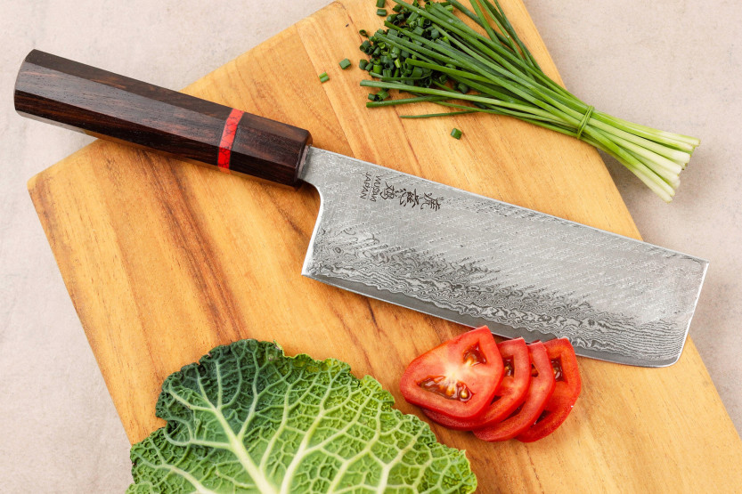 Handgefertigtes japanisches Nakiri-Messer, 16,5 cm, Wusaki Nawame, AUS10-Damast