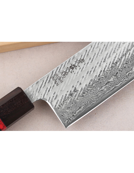 Cuchillo nakiri japonés artesanal Wusaki Nawame de 16,5 cm, acero AUS10 damasco