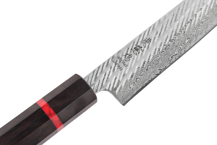 Cuchillo sujihiki japonés artesanal Wusaki Nawame de 24 cm, acero AUS10 damasco