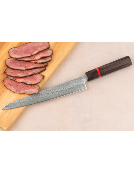 Cuchillo sujihiki japonés artesanal Wusaki Nawame de 24 cm, acero AUS10 damasco
