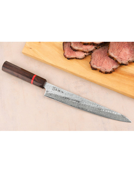 Håndlaget japansk sujihiki -kniv, 24 cm, Wusaki Nawame, AUS10-damaskus