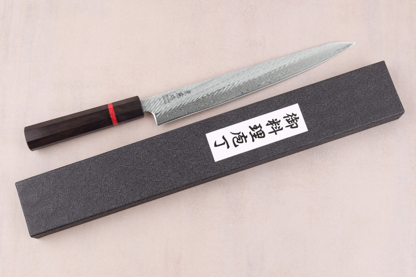 Faca sujihiki japonesa artesanal Wusaki Nawame de 24 cm, em aço damasco AUS10