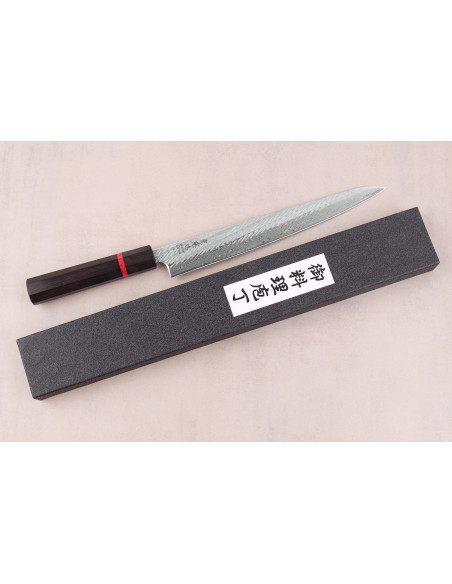 Faca sujihiki japonesa artesanal Wusaki Nawame de 24 cm, em aço damasco AUS10