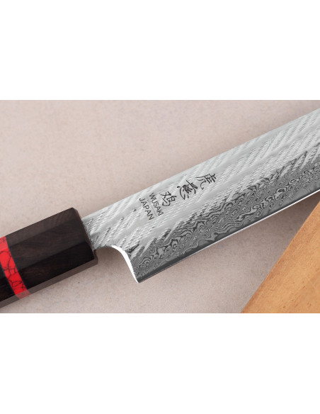 Faca sujihiki japonesa artesanal Wusaki Nawame de 24 cm, em aço AUS10 damasco