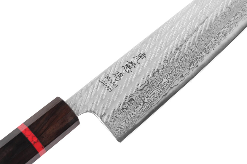 Coltello da chef giapponese artigianale Wusaki Nawame AUS10 damasco, 24 cm