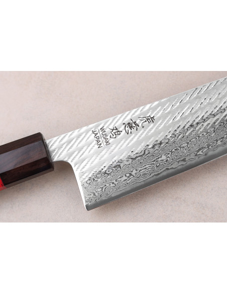 Cuchillo de chef japonés artesanal Wusaki Nawame de 24 cm, acero AUS10 damasco