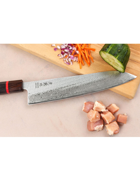 Cuchillo de chef japonés artesanal Wusaki Nawame de 24 cm, acero AUS10 damasco