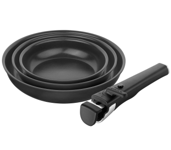 Set med 3 Zwilling Unlock-stekpannor i aluminium, 20, 24 och 28 cm + 1 avtagbart handtag