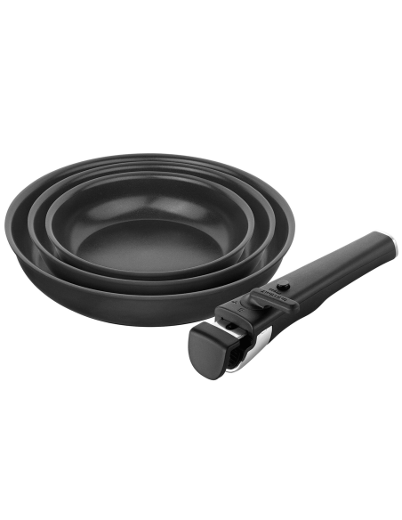 Set of 3 Zwilling Unlock aluminum skillets (20, 24, and 28 cm) + 1 removable handle