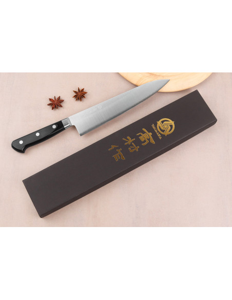 Handgjord japansk kockkniv från Takamura, 21 cm, VG10, polerad