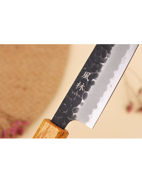 Handgemaakt Japans sujihiki -mes van 24 cm, Yuzo Black AS, van gebrand eikenhout