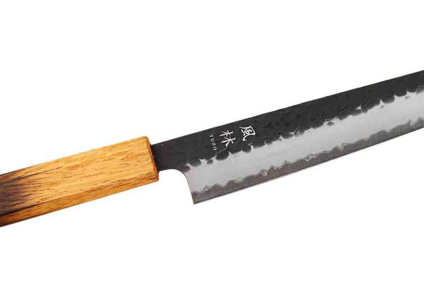 24cm Handcrafted Japanese Yuzo Black AS Sujihiki Knife, Burnt Oak Handle
