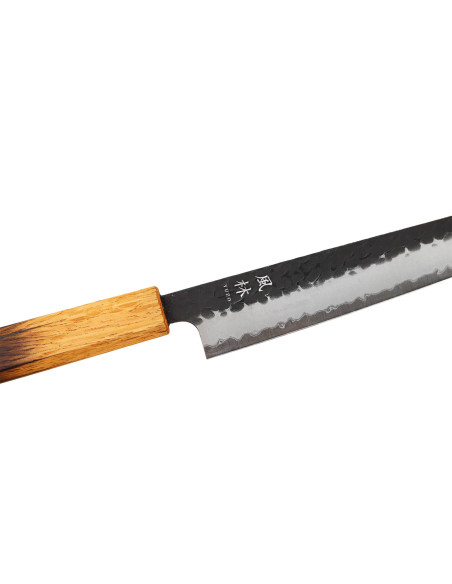 Handgefertigtes japanisches Sujihiki -Messer, 24 cm, Yuzo Black AS, gebrannte Eiche
