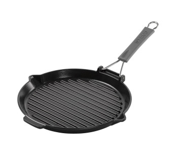 Ronde Staub -grill van 28 cm van matzwart geëmailleerd gietijzer met inklapbaar handvat