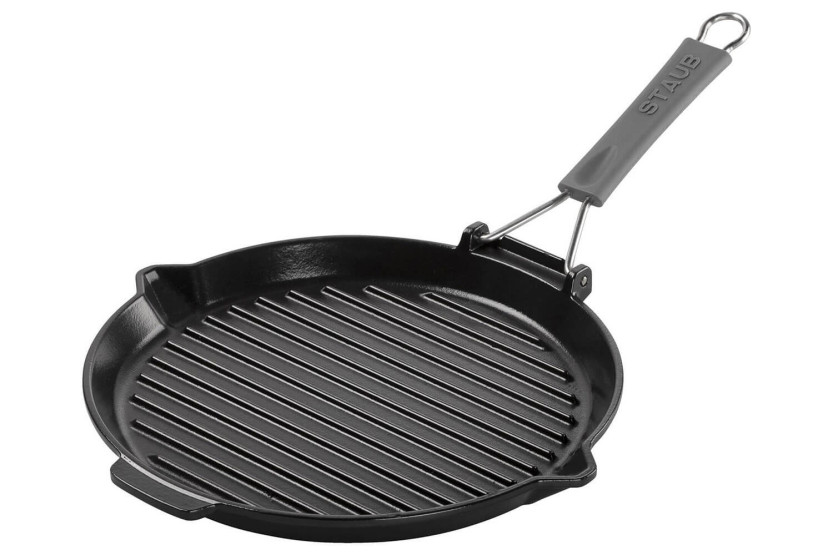 Parilla redonda Staub de 28 cm, de hierro fundido esmaltado en negro mate, con asa plegable