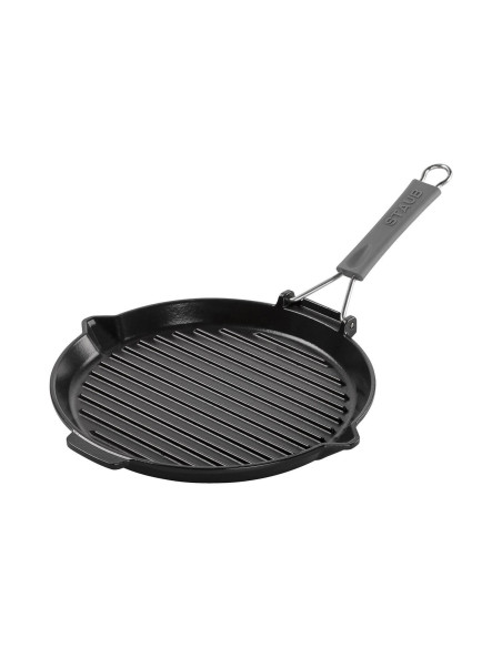 Ronde Staub -grill van 28 cm van matzwart geëmailleerd gietijzer met inklapbaar handvat