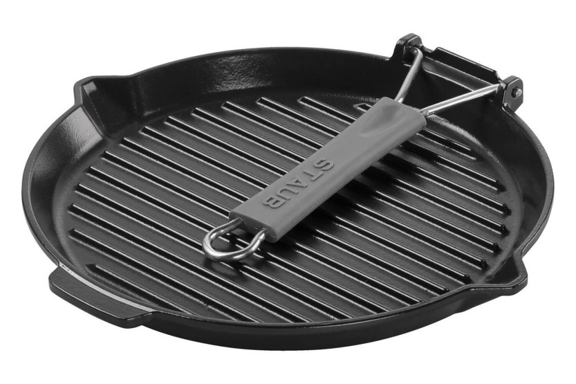 Runder Staub -Grill, 28 cm, aus mattschwarzem emailliertem Gusseisen mit klappbarem Griff