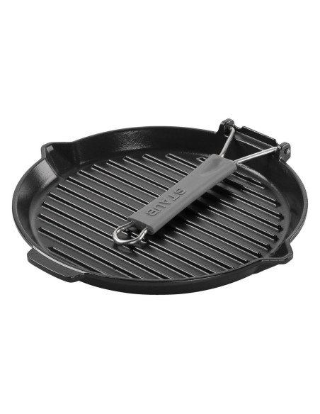 Ronde Staub -grill van 28 cm van matzwart geëmailleerd gietijzer met inklapbaar handvat