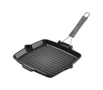 Grelha quadrada Staub de 24 cm em ferro fundido esmaltado preto mate com pega dobrável
