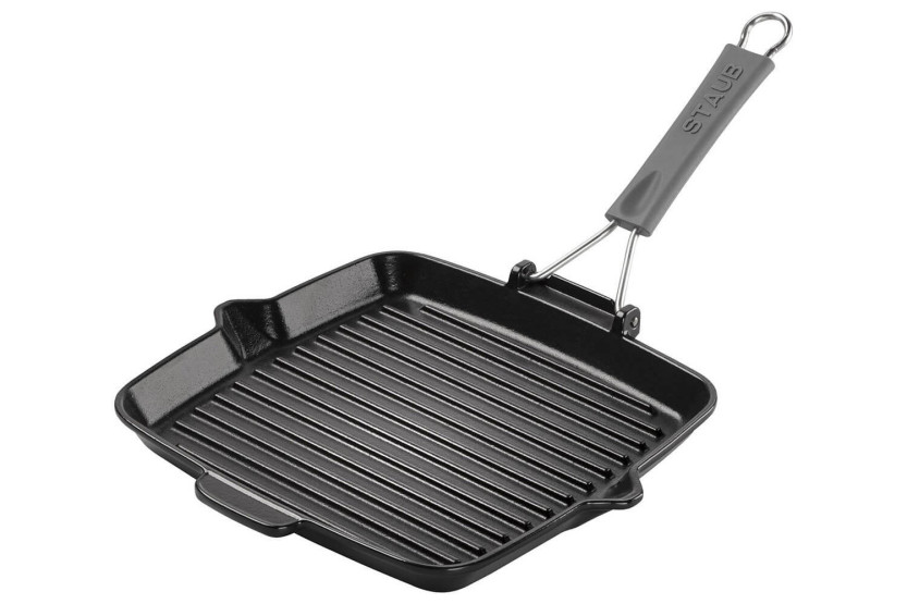 Parilla cuadrada Staub de 24 cm de hierro fundido esmaltado en negro mate con asa plegable