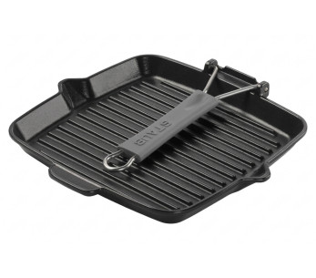 Staub vierkante grillpan van 24 cm, van matzwart geëmailleerd gietijzer met inklapbaar handvat 2