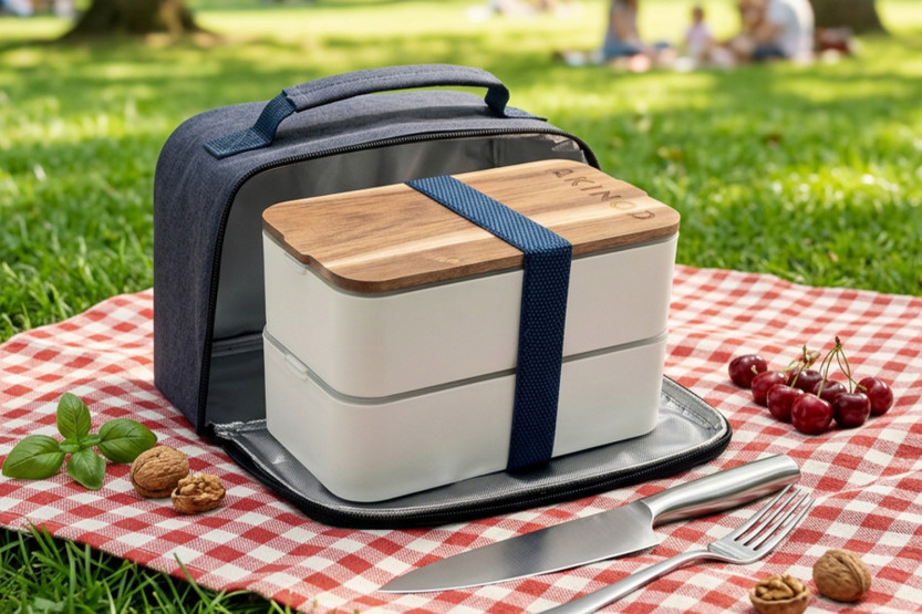 Akinod-koeltas in jeansblauw + witte Bento-box van 1,4 l