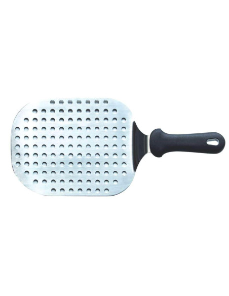 Piatto da portata in acciaio inox forato da 18 x 22 cm, ideale per la pizza.