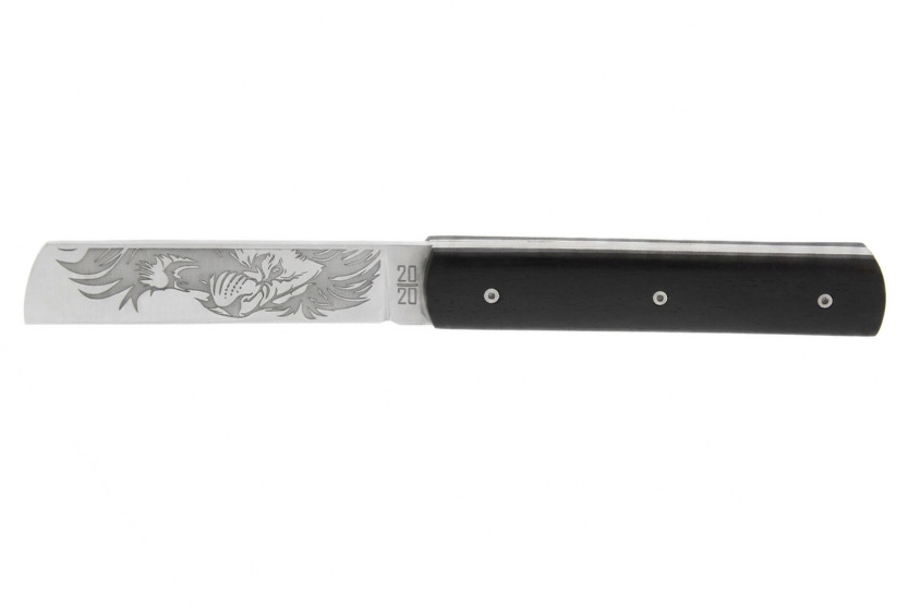 Le Fidèle 20/20 folding knife, ebony handle, 10.8 cm blade with lion design