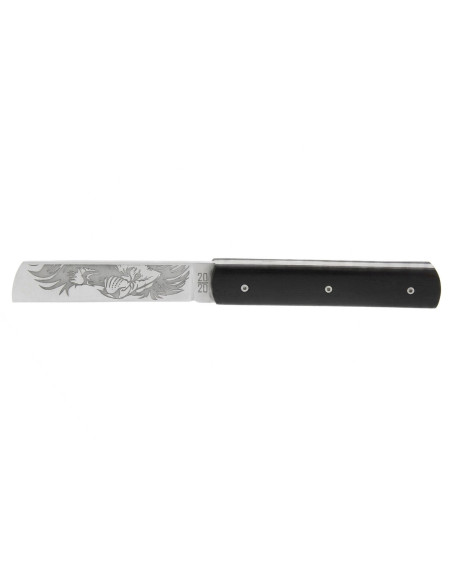 Fällkniv Le Fidèle 20/20 i ebenholts, 10,8 cm blad med lejonmotiv