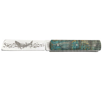 Faca dobrável Le Fidèle 20/20 em bétula estabilizada azul, lâmina de 10,8 cm com decoração de baleia