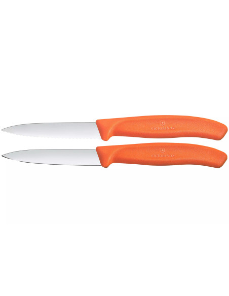 2 Victorinox Orange Paring Knives with a serrated blade and a smooth blade, 8 cm