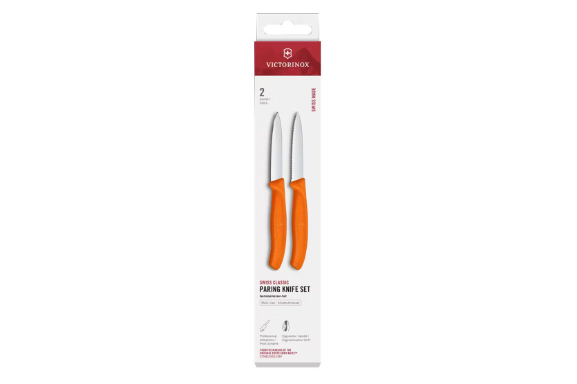 2 Victorinox -skalknivar i orange, med en tandad och en slät bladlängd på 8 cm