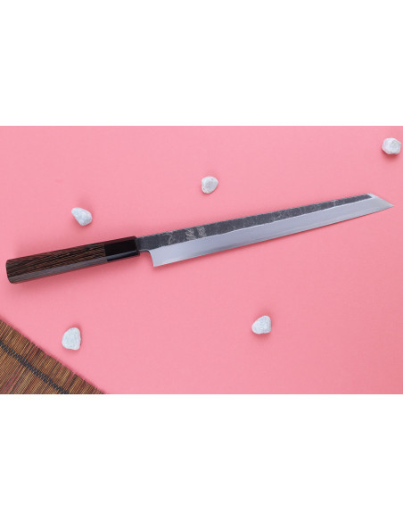 Handgemaakt Japans yanagiba kiritsuke-mes van 27 cm van Hatsukokoro Shirasagi met een wengé-heft