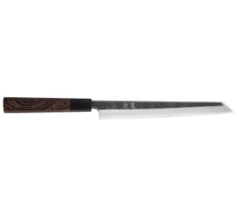Coltello yanagiba kiritsuke giapponese artigianale Hatsukokoro Shirasagi da 24 cm con manico in wengé