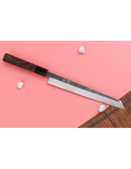 Handgemaakt Japans yanagiba kiritsuke-mes van 24 cm van Hatsukokoro Shirasagi met een heft van wengé