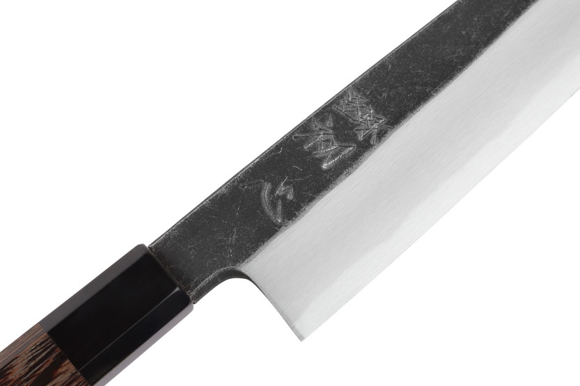 Faca gyuto assimétrica de 21 cm, artesanal japonesa da marca Hatsukokoro Shirasagi, com cabo em wengué