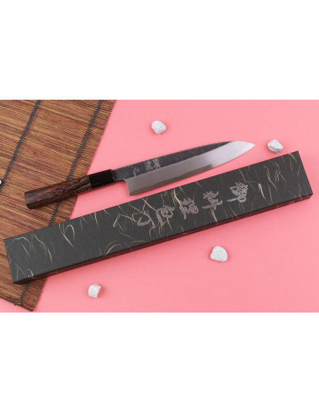 Faca gyuto assimétrica de 21 cm, artesanal japonesa da marca Hatsukokoro Shirasagi, com cabo em wengué