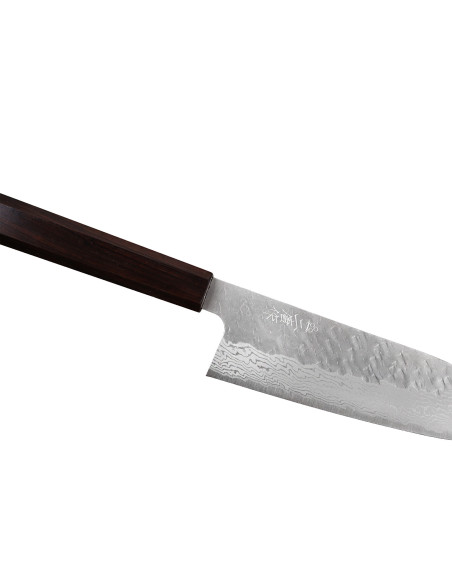Faca santoku japonesa artesanal de 17 cm da Nigara Hamono, com acabamento Tsuchime e lâmina damascada VG10