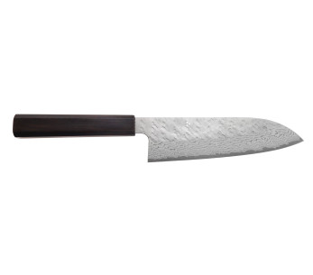 Faca santoku japonesa artesanal de 17 cm da Nigara Hamono, com acabamento Tsuchime e lâmina damascada VG10