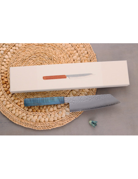 Handgemaakt Japans Bunka -mes van 17 cm, Hado Shiosai VG10, met blauw heft