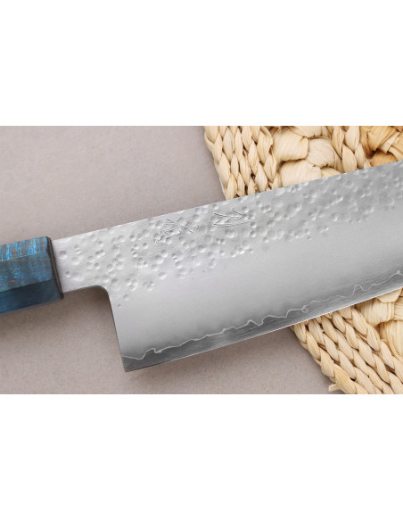 Håndlavet japansk Bunka -kniv, 17 cm, Hado Shiosai VG10, med blåt skaft
