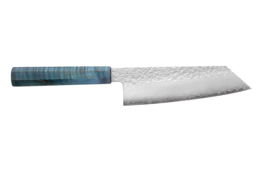 Coltello Bunka giapponese artigianale Hado Shiosai VG10 da 17 cm con manico blu