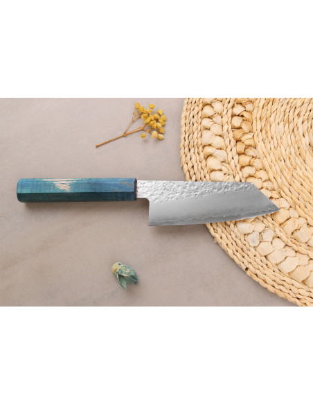 Handgjord japanskko-bunka -kniv, 13 cm, Hado Shiosai VG10, blått handtag